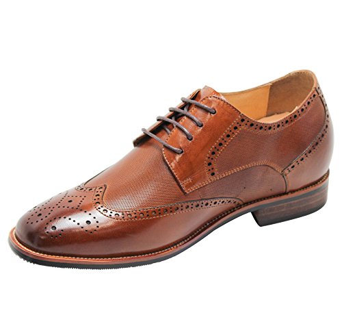 CALTO Men's Invisible Height Increasing Elevator Shoes - Brown Premium Leather Wing-tip Lace-up Formal Oxfords - 3 Inches Taller - Y10652 - Size 9 D(M) US2