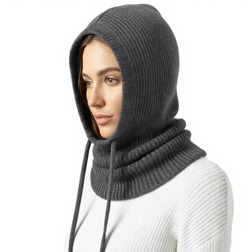 Dresyu Hooded Scarf Hat Snoods for Women Winter Balaclava Neck Warmer Hood Hat with Drawstring,Knit Skull Cap Beanie Men Neck Gaiters Soft Chunky Windproof Pullover Snood for Outdoor