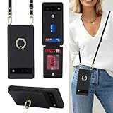 Lipvina for Google Pixel 6 Case with Card Holder and Strap for Women,Crossbody Lanyard,Ring Stand,Snap Clasp,Phone Wallet Cases 6.4 inch(Black)