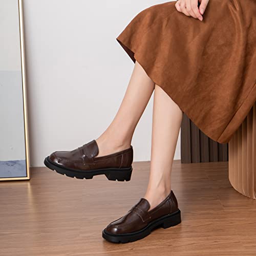 Youngshow Women Loafers Platform Shoes Slip On Business Shoes Comfortable Womens Shoes Dressy Casual Round Toe Patent Leather Loafers For Women Oxford Office Shoes Dark Brown #TOP3