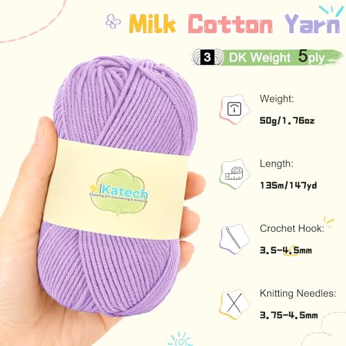 Image of Katech Milk Cotton Yarn for Crocheting, 60% Cotton 40% Acrylic-Starter Kit | 12*50g /147yd-3 DK-Soft Combed Cotton Yarns for Baby & Beginner-No Split, Multicolor Yarn Set for Blankets & Colorful Crafts