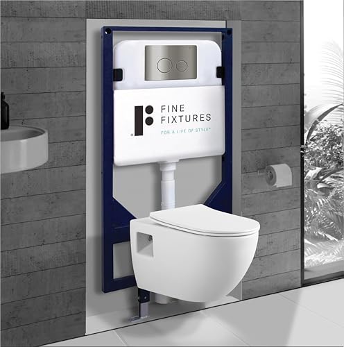 Fine Fixtures Surge Wall-Hung Power Flush Toilet – White Toilet with Universal In-Wall Toilet Tank Carrier and Satin Nickel Push Plate – Space-Saving Modern Design
