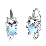 Cat Earrings Sterling Silver Cat Leverback Earrings with Moonstone Small Hoop Earrings Cat Stuff for