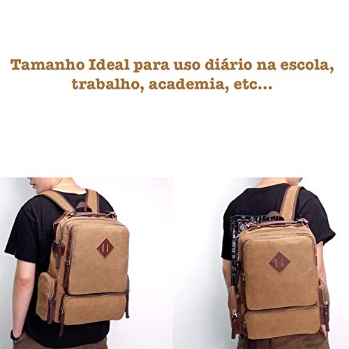 Mochila de Lona Masculina com Partes em Couro e Compartimento Para Notebook