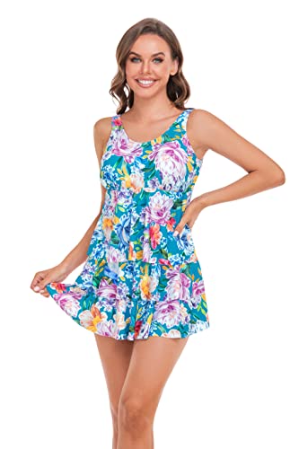 BIMEI Two Piece Tankini Pocketed Swimwear Mastectomy Swimsuit for Women Bathing Suits Floral Print with Boyshorts 22-001