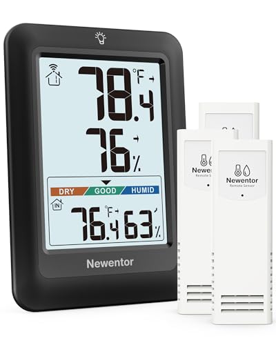 Image of Newentor Indoor Outdoor Thermometer Wireless with 24H /48H /ALL-TIME High Low | Big Number 4 inch Display, Inside Outside Temp & Humidity, Comfort Indicator, Weather Station for House Patio, Black, 3 Sensors