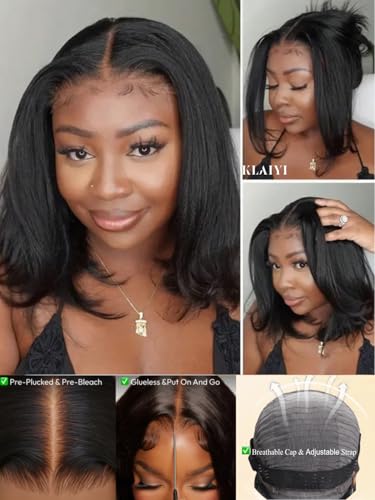 Image of KLAIYI Yaki Straight Bob Wigs Human Hair Bye Bye Knots Glueless Wig Pre Cut 7x5 Lace Front Wig Pre Beached Pre Plucked 3S Ready to Wear and Go Wig Light Yaki HD Transparent Lace Short Bob 150% 12Inch