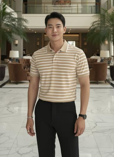 Image of MACK JONNEY Men's Cotton Polo T-Shirt | Regular Fit | Short Sleeve | Striped Casual Wear | Pack of 2 -MJ-1