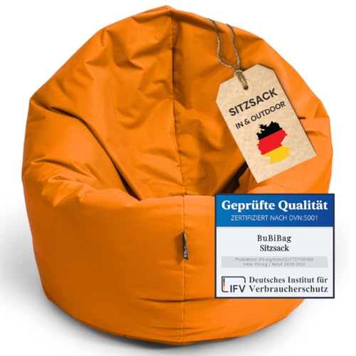 BuBiBag 2in1 Sitzsack L - XXL mit Füllung für Kinder & Erwachsene, Gaming Beanbag & Bodenkissen für Indoor & Outdoor Sessel Pflegeleicht & Wasserabweisend XL UNIVERSELL (Ø 130 cm Orange)