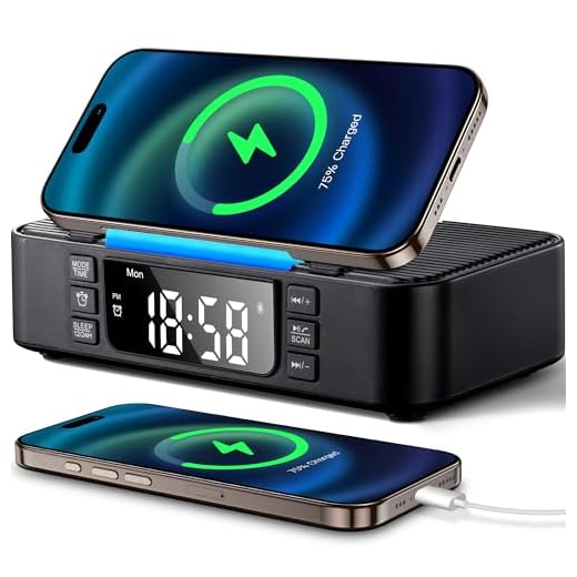 9-in-1 Wireless Charging Station with Bluetooth Speaker, Alarm Clock, FM Radio, Night Light – Compatible iPhone 17/16/15/SamsungS25/S24/Android, USB/Type-C/AUX, Phone Holder, Adjustable Display