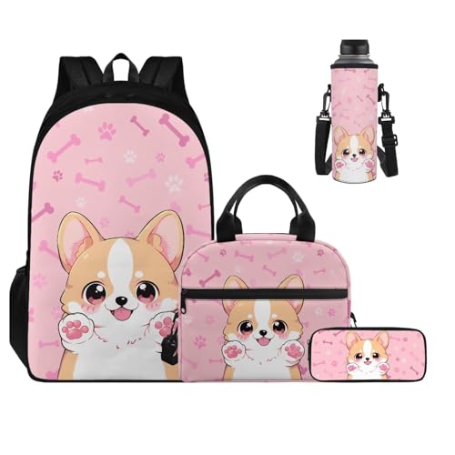 Cute Corgi Backpack for Girls Kids Backpack with Lunch Box Water Bottle Carrier and Large Pencil Bag 4Pcs Set 17