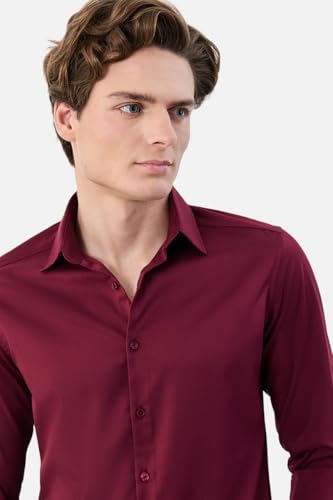 Image of SNITCH Men Formal Shirt | Tailored Slim Fit Full Sleeve Spread Collar Solid Style | Breathable Polyester Viscose Blend Twill Fabric for Office & Evening
