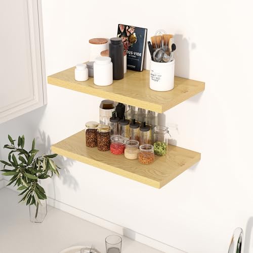 Image of Dreamland 24 inch Floating Shelves for Wall, 12 inch Deep Slim Oak Floating Shelves, Wall-Mounted Shelves for Bedroom, Living Room, Kitchen, Bathroom - Set of 2