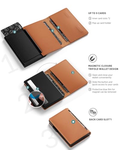 Image of VULKIT Minimalist Card Holder Wallet Top Grain Leather Pop Up Cards RFID Protection Holds Up to 10 Cards, Magnetic Closure