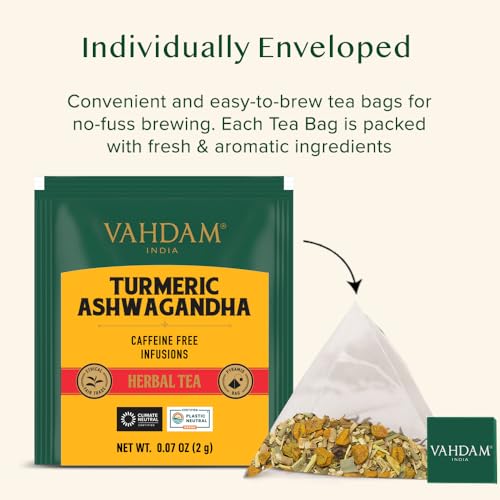 Image of VAHDAM, Turmeric Ashwagandha Herbal Tea Bags (30 Count) Caffeine Free, Non GMO, Gluten Free | 100% Pure Herbal Blend - Sweet & Earthy | Individually Wrapped Pyramid Tea Bags | Direct from Source