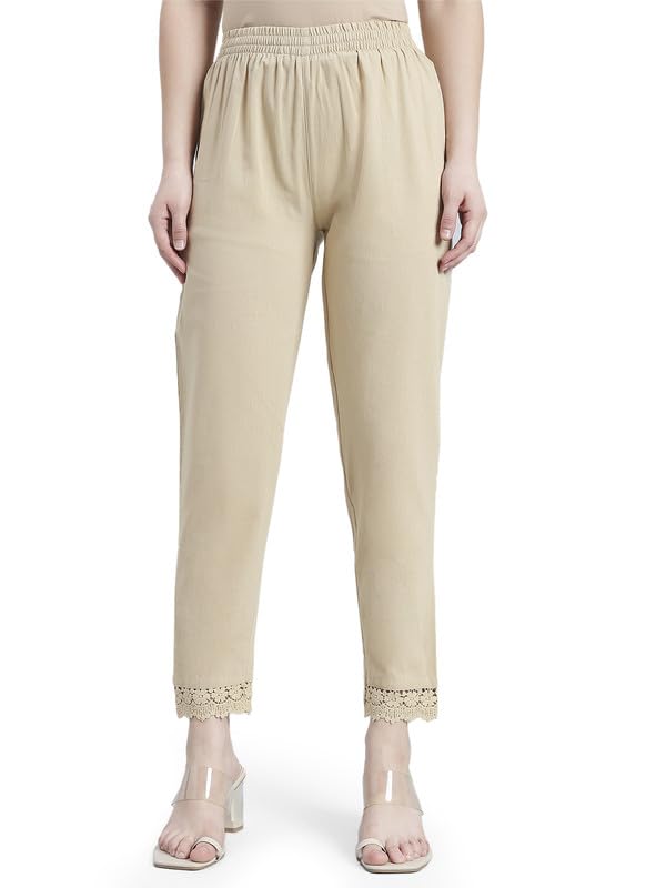Image of GO COLORS Soft Cotton Lace Pencil Pant Full Length for Women| Mid-Rise, Breathable