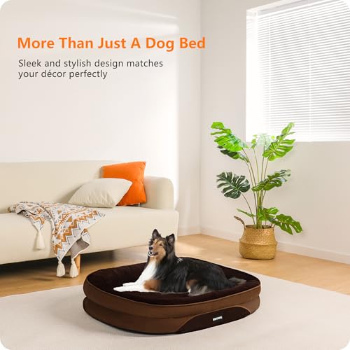 HMTOPE Orthopädisches Hundebett, Hundesofa, Vierseitiges Nackenrolle Kissen, rutschfeste Unterseite Hundekorb, Abnehmbar und Waschbar, Kleine Hunde, Mittelgroße Hunde, 90 x 71 x 15 cm, Braun