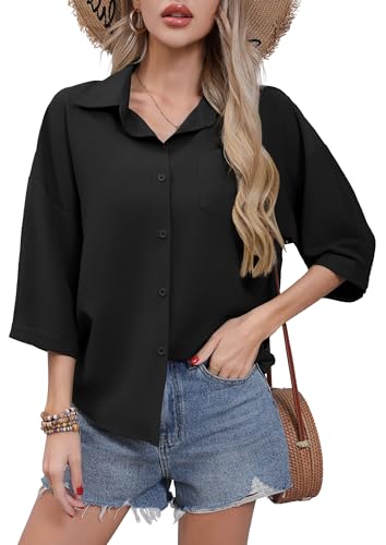HIYIYEZI Women's Button Down Shirt Casual 3/4 Sleeve Dress Shirts Collared Work Blouse with Pocket
