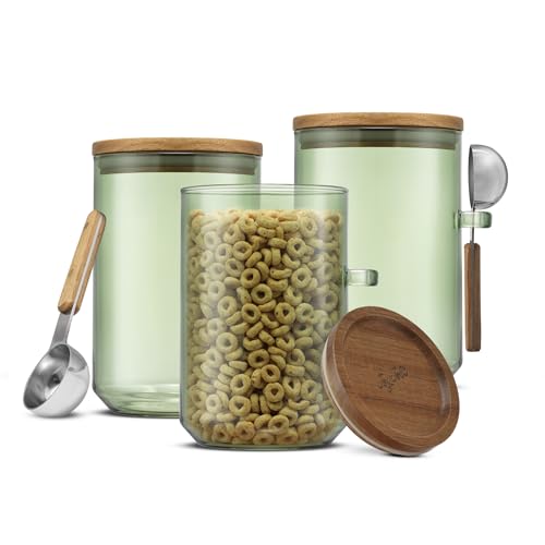 JoyJolt Holden 32oz Stackable Glass Storage Containers with Lids and Scoops, Airtight Food Canister Set of 3 w/Acacia Wood Lids, Round Stacking Pantry and Kitchen Containers w/Scoop | Sage Green