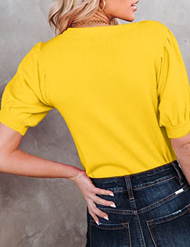 Image of Womens Puff Short Sleeve Sweater Tops Crewneck Basic Knit Pullover Lightweight Casual Sweaters