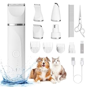 Hoofun 4 in 1 Dog Clippers, Low Noise USB Rechargeable Dog Grooming Kit with Nail Grinder Stainless Steel Scissors Combs, Waterproof Cordless Dog Grooming Clippers, Cat Clippers for Dogs Cats Animals