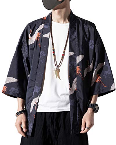 PRIJOUHE Chaqueta tipo kimono para hombre, estilo japonés, con siete mangas, frente abierto, marino, Large