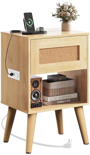 Image of WLIVE Rattan Nightstand with Charging Station, Boho Night Stand, Small Bedroom Side Table, End Table with Drawer and Storage, Wood Bedside Tables for Bedroom, Small Spaces, Natural Oak