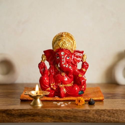 Image of eCraftIndia Red Golden Blessing Ganesha Statue | Lord Ganesha Idol for Home Decor Car Dashboard | Ganesh Ganpati Murti Gift for Diwali Housewarming Birthday