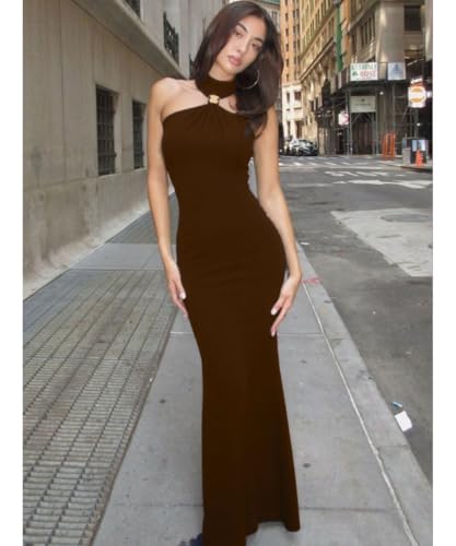 Image of Women High Neck Bodycon Dress Summer Casual Sleeveless Back Slit Elegant Party Cocktail Maxi Formal Dresses