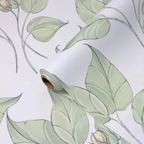 ConCus-T Leaf Wallpaper Botanical Textured Sticky Back Vinyl Self Adhesive Contact Paper Green Floral Peel and Stick for Kitchen Bathroom Bedroom, Light Green, 44.5 x 300CM