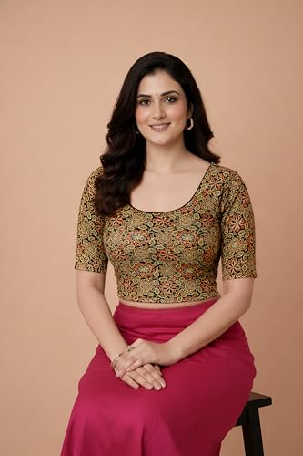 Image of Amazon Brand - Anarva Women's Kalamkari Print Cotton Stretchable Round Neck Readymade Saree Blouse