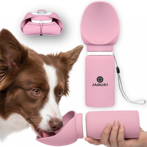 JARUKI® Bebedero Perro Antigoteo Plegable Silicona 550 ml | Botella Agua Perro Higiénica y Fácil de Limpiar | Accesorios Perros para Viaje y Paseos | Mantiene Agua Limpia | Botella Limpia Pipi (Rosa)