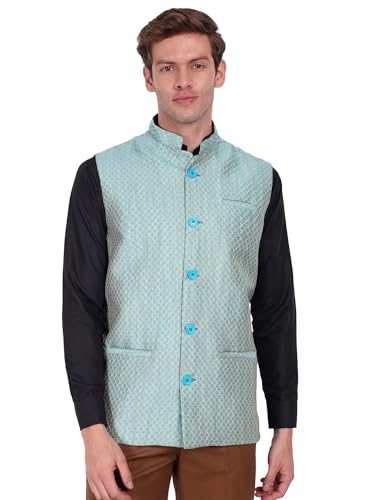 Image of SKAVIJ Men's Indian Dupion Silk Weaving Design Sleeve Less Nehru Jacket Waistcoat Turquoise XL