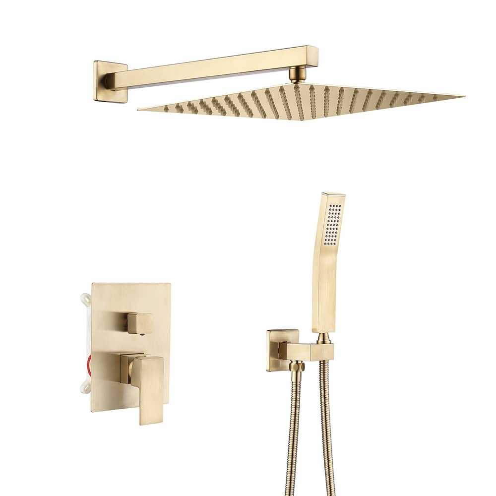 KETIPED Bathroom Wall Mounted Shower System 12 Inches Rainfall Shower Head And Handheld Shower Head Combo Set Rough-in Valve Body And Trim valve Included,HS-012BG