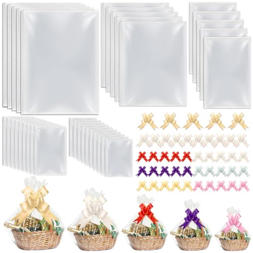 Qinzave 75PCS Cellophane Bags 5 Sizes Cellophane Wrap for Gift Baskets with Pull Bows 3040 2430 1624 1218 1014 Inch Large Clear Cellophane Gift Bag for Gift Giving Wedding Party Favors Holiday (75PCS)