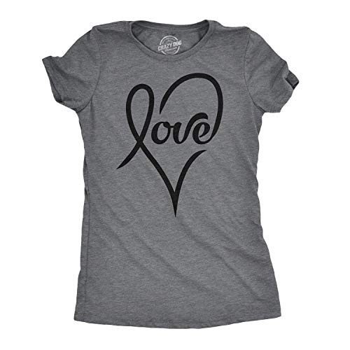 Womens Love Cursive Heart Design Cute Graphic Novelty Valentines Day T Shirt Funny T Shirts Love Tops for Women Women's Novelty Tees Dark Grey L