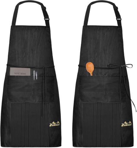 Viedouce 2 Packs Apron Cooking Kitchen Waterproof, Adjustable Chef Apron with Pockets for Home, Restaurant, Craft, Garden, BBQ, School, Coffee House, Apron for Men Women, Striped-Black