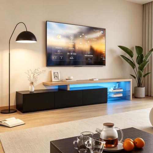 HYNHXBP Meuble TV LED 200 cm – Buffet TV Noir Brillant avec Étagères en Verre, 3 Compartiments Fermés, Meuble TV Moderne Design Bois et Noir pour Salon...