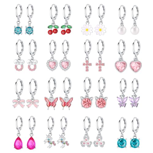 16 Pairs Hypoallergenic Silver Dangle Hoop Earrings for Girls Teens Kids Cute Girls Earrings Animal Small Hoop Earrings Set Pink Jewelry Gift