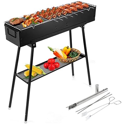 IRONWALLS Portable Charcoal Grills Outdoor Cooking, Rectangular Folded Barbecue Grill 32”, Stainless Steel Lamb Skewer Grill with 25pcs Kebab Skewer & Storage Shelf for Camping, Picnic, Commercial Use Cover
