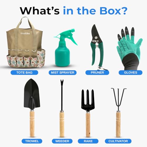 Image of Scuddles All-in-One Garden Tool Kit with Tote Bag and Claw Garden Gloves | Stainless steel hand tools, claw gloves and reinforced tote for planting, pruning, digging and garden maintenance