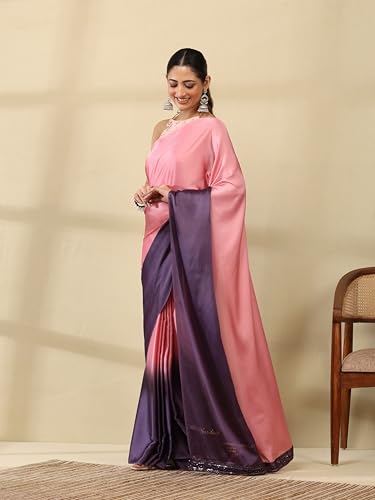 Image of Garden Vareli Lace Border Satin Saree with Unstitched Sequin Blouse Piece