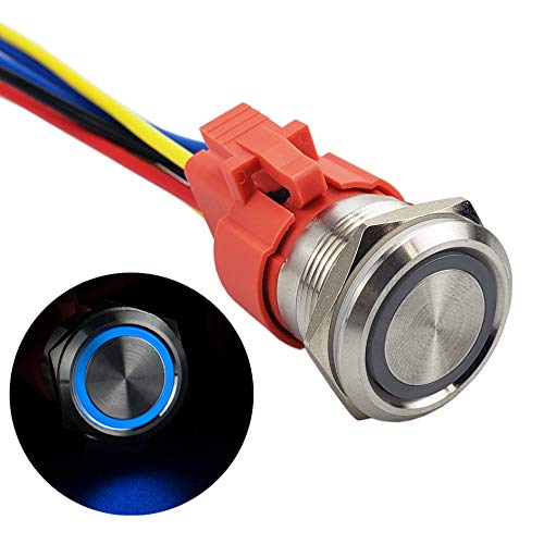 APIELE 22 mm - Bouton poussoir de verrouillage - 12 V CC - 10 A - Boîtier en aluminium avec LED - Étanche - Bouton poussoir avec prise pré-câblée marche/arrêt (bleu) Cover