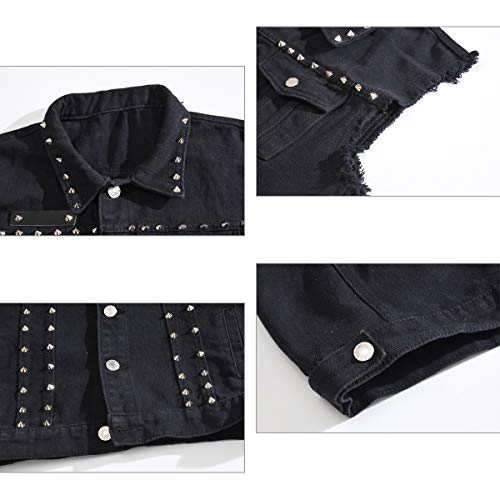 Cekaso Men's Denim Vest Sleeveless Jacket Punk Casual Lapel Jean Vests With Rivets, Black, Tagsize5Xl=Ussizexl #TOP2