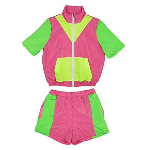 Voikerdr Women's Color Block Windbreaker 2 Piece Outfits Short Sleeve Zip Front Elastic Waist Tracksuit Set #TOP1