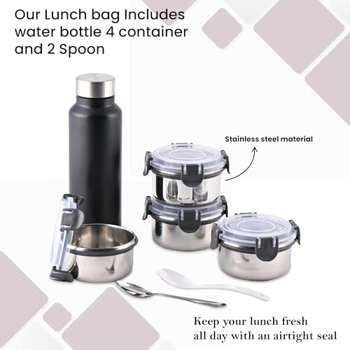 Image of Kuber Industries Leak Proof Lunch Boxes for Office Men & Women with Bottle (750 ml), 4 Container (350 ml) & 2 Spoons Pouch /Bag | Airtight Tiffen Box for School Kids | Grey & Red