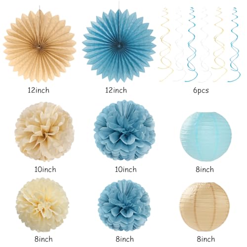 Image of Light-Dusty Blue Beige-Champagne Bridal-Shower Party-Decorations - 31pcs Bride to Be Banner,Boho Neutral Bachelorette Paper Lanterns,Wedding Garland,Tissue Pom Poms Flower Fan Decor Supplies Burgleda