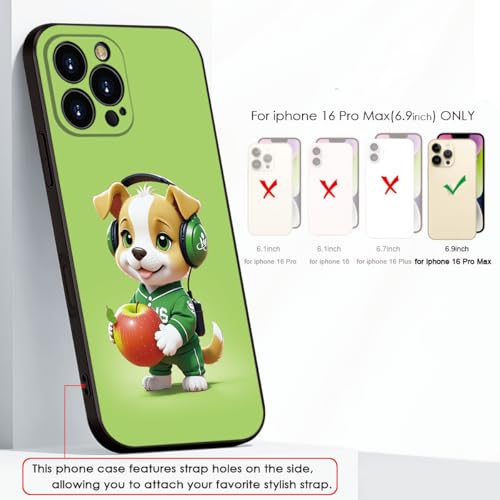 Charming Cartoon Dog for iPhone 16 pro max Case - Playful Pup in Green Headphones & Sporty Outfit Holding Apple | Trendy Slim Protection for Girls & Women(B1-Cartoon Cute Dog)