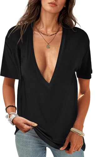 UNCLECAT Womens Deep V-Neck T Shirts Sexy Short Sleeve Tops Summer Oversized Tee