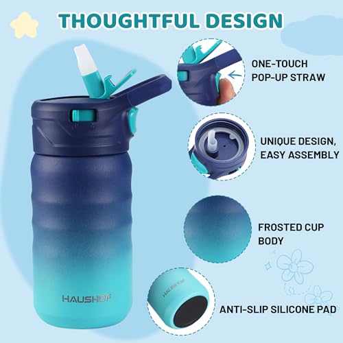 Haushof Kids Water Bottle 12 Oz Bpa-Free With Straw And Stickers, Stainless Steel Vacuum Double Wall Insulated Cup With Leak Proof For School, Gift, Boys  thumb #2